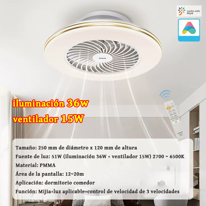 Básico: Três configurações de velocidade, 51W (luz 36W + ventoinha 15W) 2700~6500K