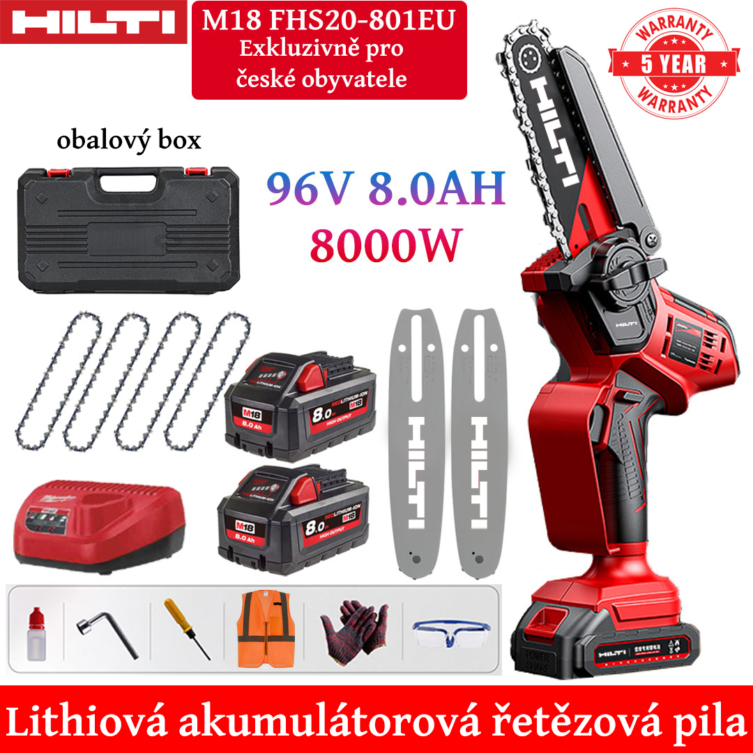 8palcová lithiová elektrická řetězová pila s výkonem 8000 W, baterií 96V 8,0Ah*2, nabíječkou, vodicí deskou*2, řetězem*4, schránkou na nářadí, mazivem a brýlemi